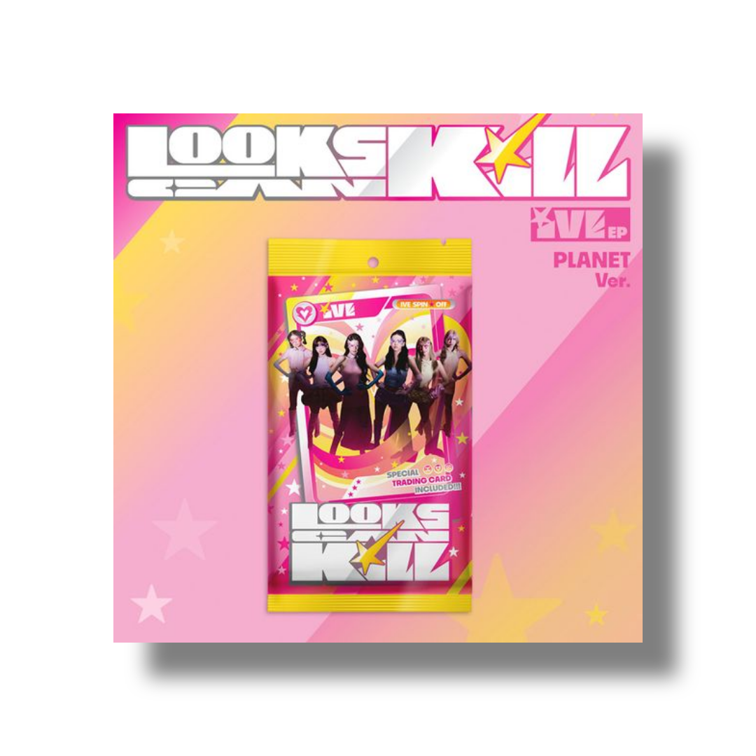 IVE Looks Can Kill EP PLANET Ver. album components with envelope, trading card, photocard and QR card